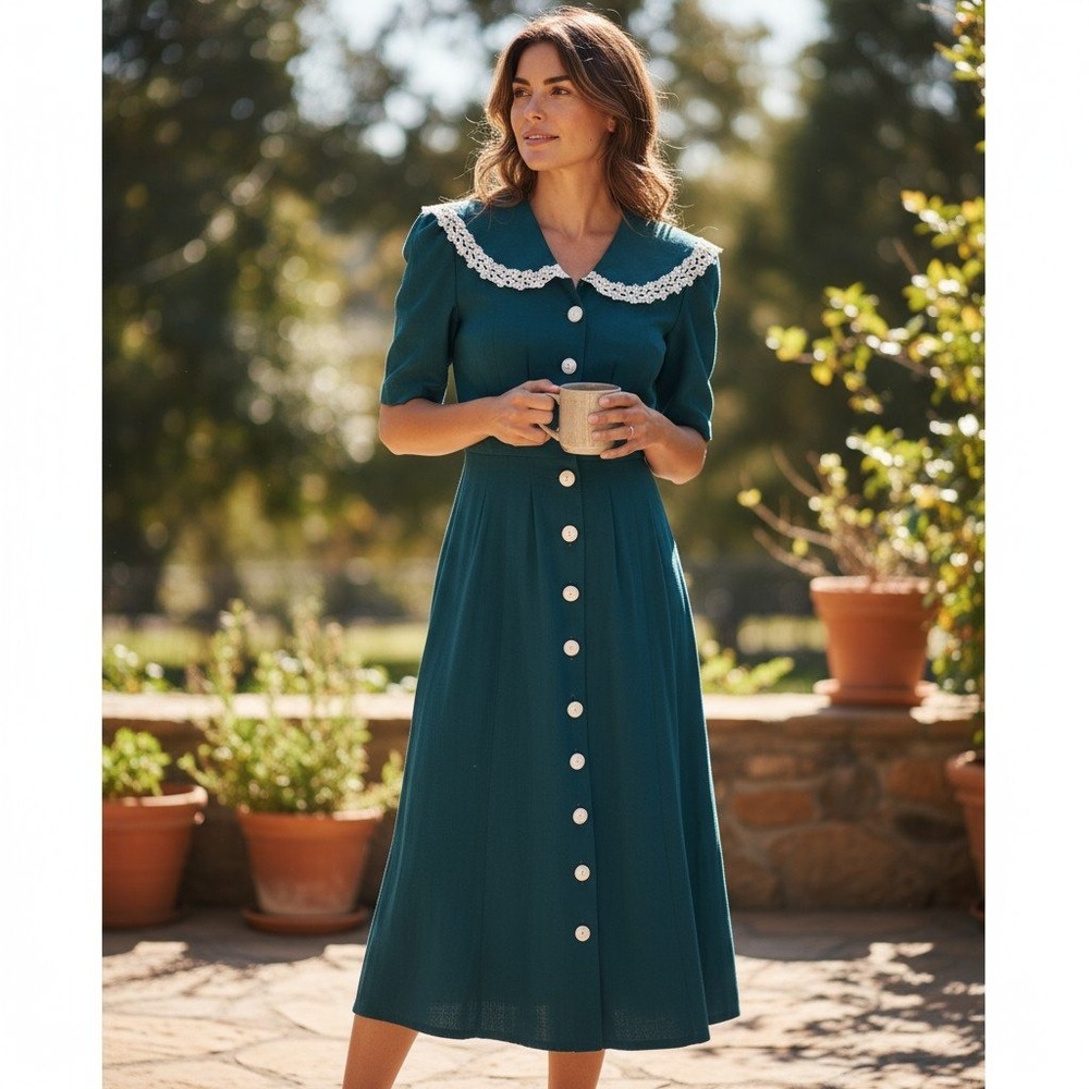 Vtg 80s Dk Green Midi Dress S Lace Collar Carved Buttons USA  Fit Flair Feminine